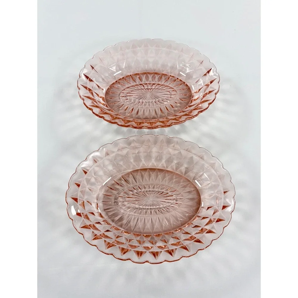 2 Vintage Jeannette Windsor Diamond Pink Depression Glass Oval Serving Bowls Set